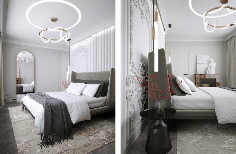 Интерьер спальни с рейками с подсветкой, подсветкой настенной, подсветкой светодиодной и светильниками над кроватью