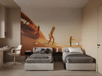 Интерьер c рабочим местом и две кровати в современном стиле смотреть на Basicdecor