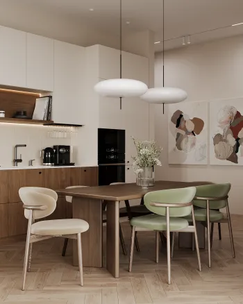 Интерьер кухни cветильниками над столом  смотреть на Basicdecor