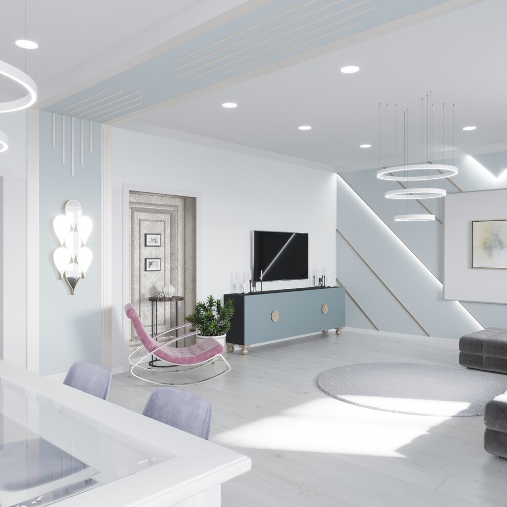 Интерьер гостиной cветовыми линиями, рейками с подсветкой, подсветкой настенной и подсветкой светодиодной в современном стиле