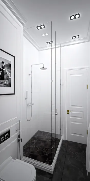 Интерьер ванной с душевой из плитки и зеркалом на двери  смотреть на Basicdecor