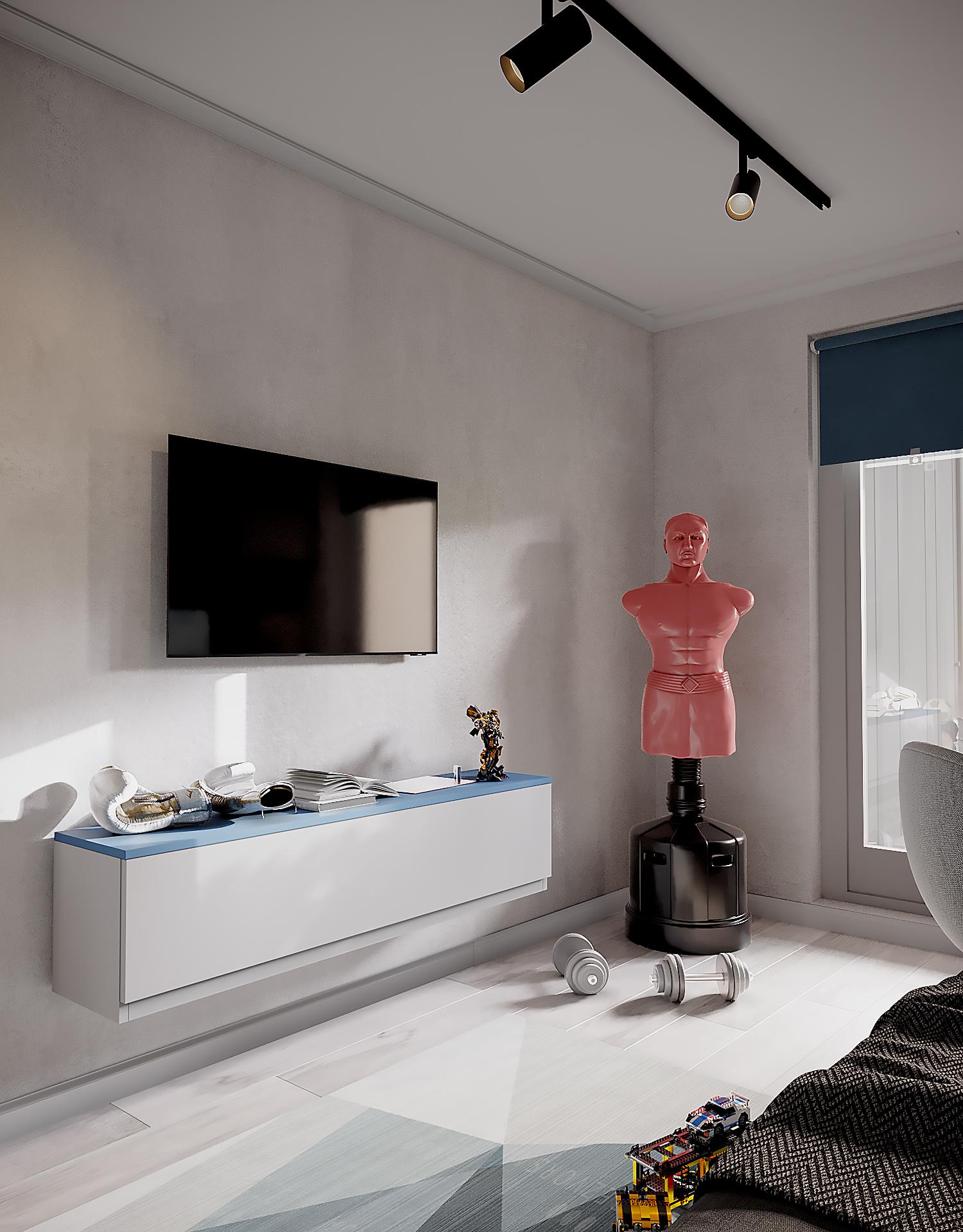 Интерьер ванной с полками над телевизором, стеной с телевизором, телевизором на стене, нишей для телевизора и керамогранитом на стену с телевизором