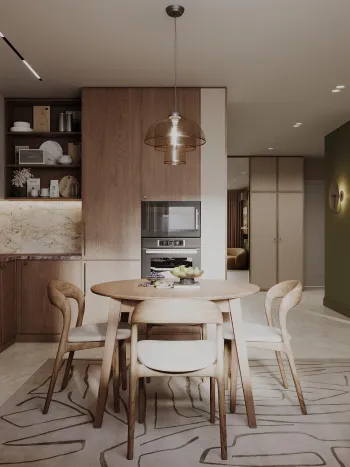 Интерьер кухни cветильниками над столом  смотреть на Basicdecor