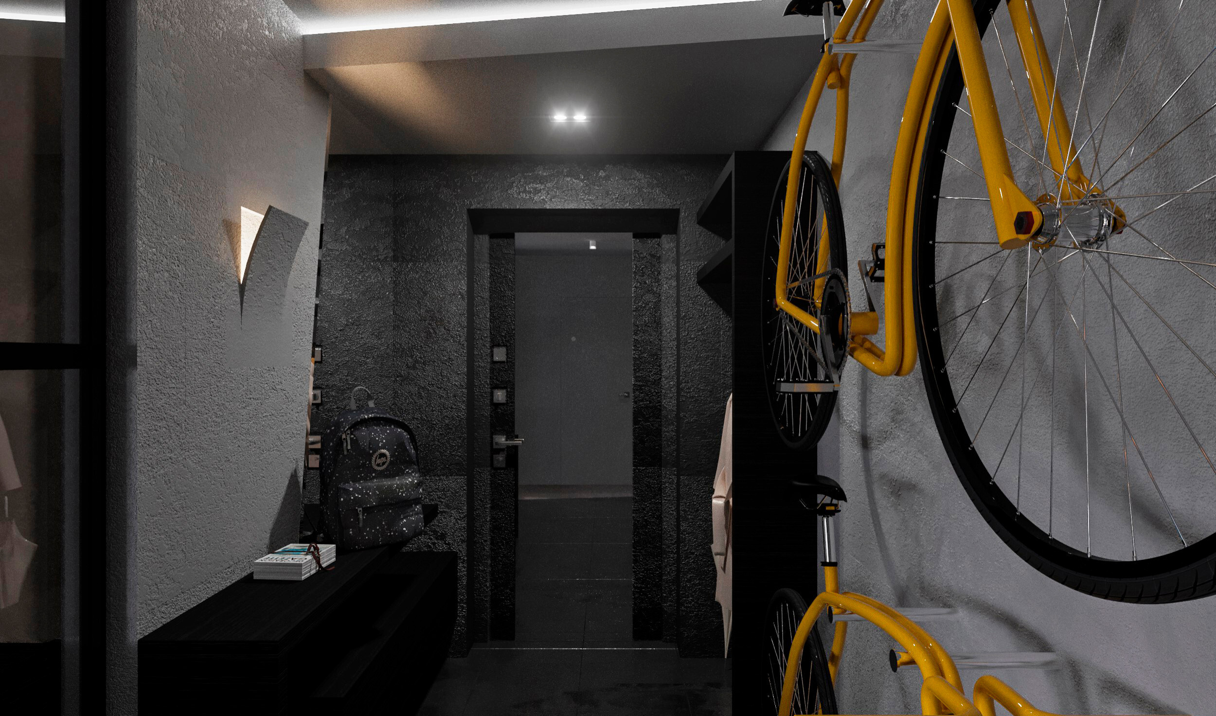 Интерьер коридора с проходной, световыми линиями, подсветкой настенной, подсветкой светодиодной, подсветкой рабочей зоны и с подсветкой