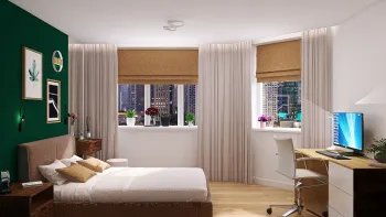 Интерьер спальни с двой окна и жалюзи  смотреть на Basicdecor