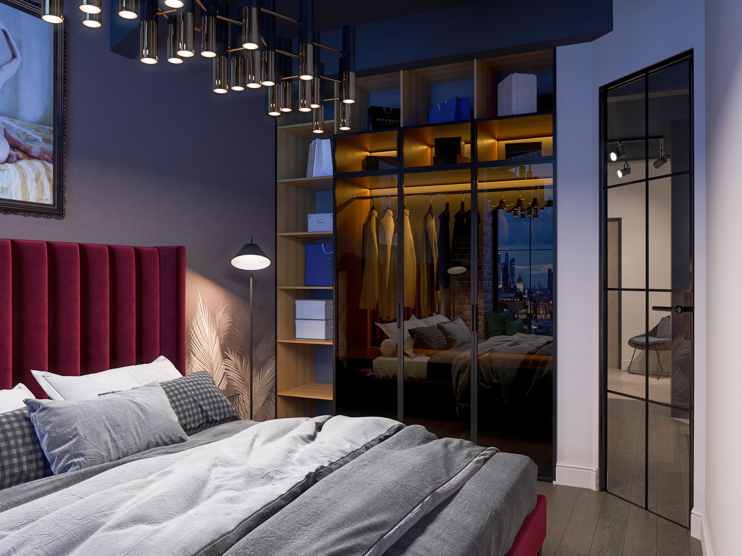 Интерьер спальни с подсветкой светодиодной и светильниками над кроватью