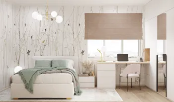 Интерьер спальни c рабочим местом и жалюзи  смотреть на Basicdecor