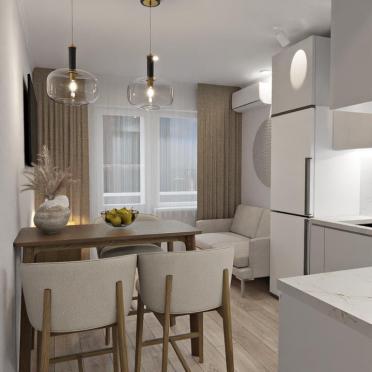 Интерьер кухни cветильниками над столом  смотреть на Basicdecor