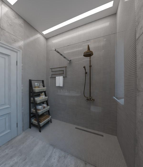Интерьер ванной с душевой из плитки в стиле лофт