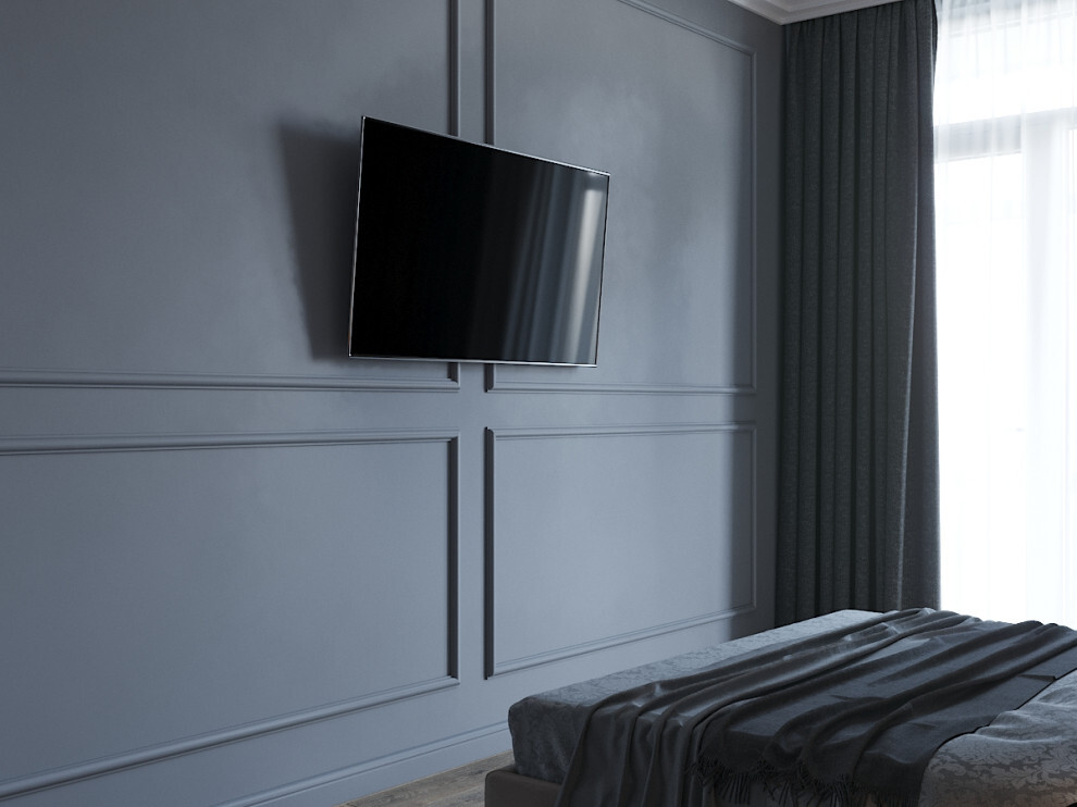 Интерьер спальни cтеной с телевизором, телевизором на стене и керамогранитом на стену с телевизором в современном стиле