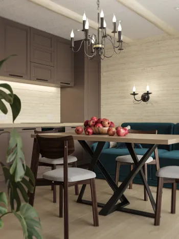 Интерьер кухни cветильниками над столом  смотреть на Basicdecor