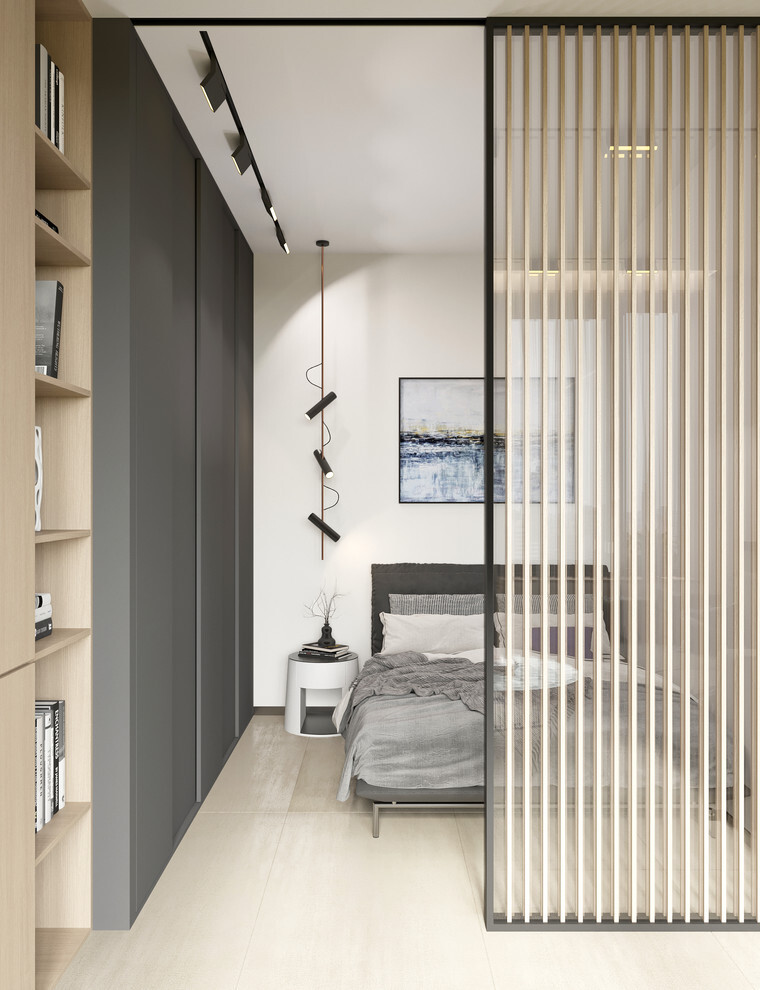 Интерьер спальни с зонированием рейками, телевизором на рейках и вертикальными жалюзи в современном стиле