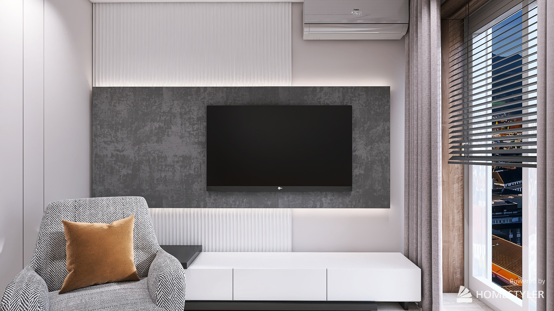 Интерьер гостиной cтеной с телевизором, телевизором на рейках, телевизором на стене, керамогранитом на стену с телевизором и подсветкой настенной в современном стиле