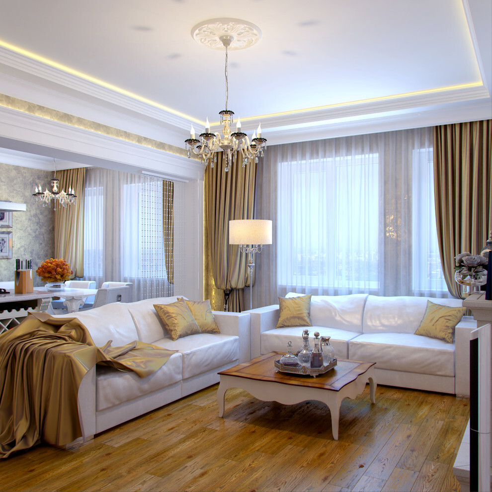 Интерьер гостиной cветовыми линиями, подсветкой настенной, подсветкой светодиодной и с подсветкой в классическом стиле
