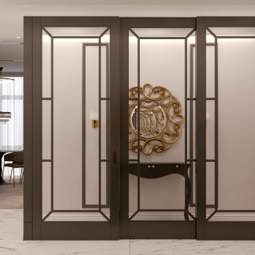 Интерьер с проходной, две двери, проемом и зеркалом на двери  смотреть на Basicdecor