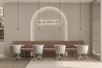 Интерьер кафе и ресторана cветильниками над столом  смотреть на Basicdecor