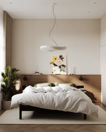 Интерьер спальни cветильниками над кроватью в ваби-саби смотреть на Basicdecor