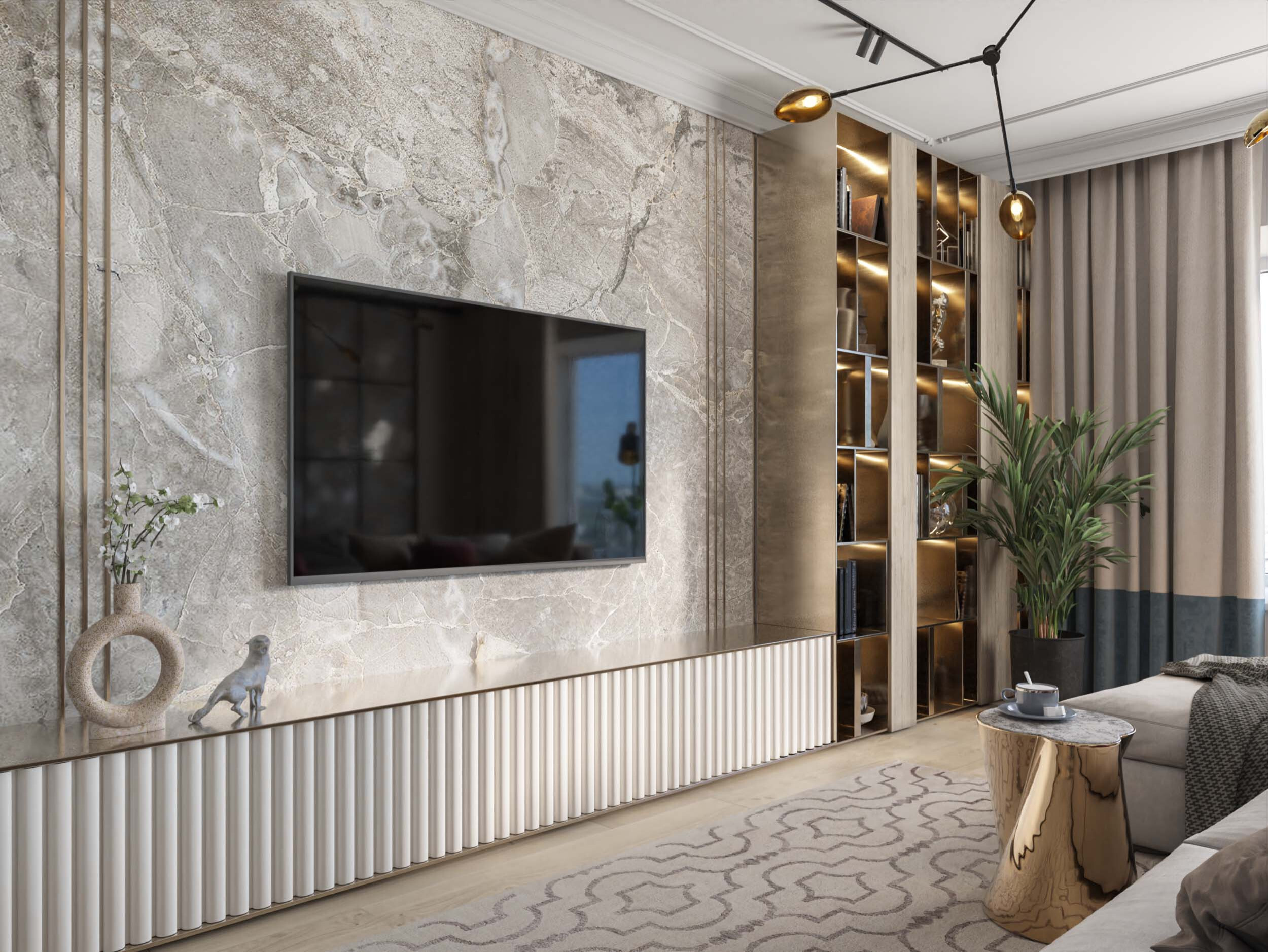 Интерьер гостиной cтеной с телевизором, телевизором на рейках, телевизором на стене, нишей для телевизора и керамогранитом на стену с телевизором в неоклассике