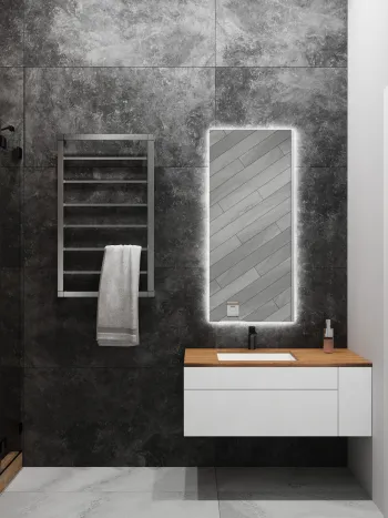 Интерьер ванной с зеркалом на двери  смотреть на Basicdecor
