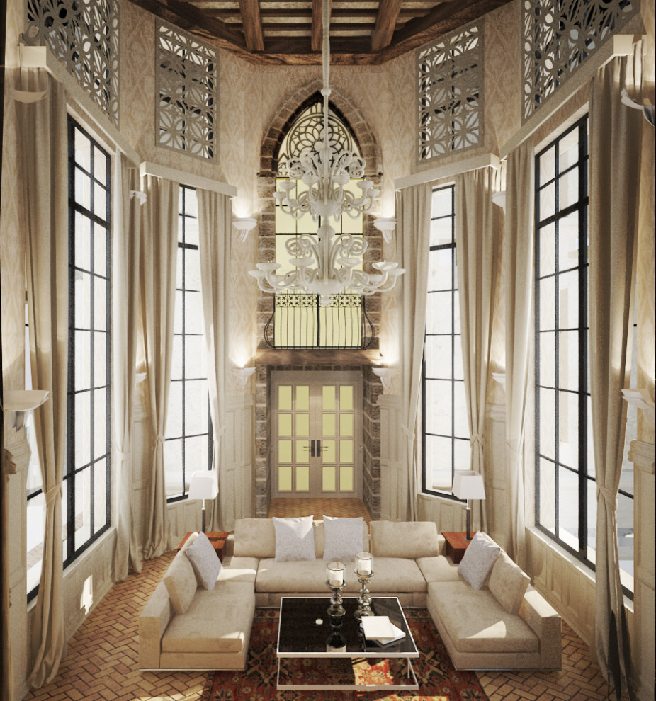 Интерьер гостиной с окном в восточном стиле, английском и готике