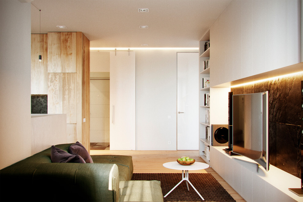 Интерьер гостиной с зонированием, без дверей, проходной, перегородкой раздвижной, подсветкой настенной и подсветкой светодиодной в современном стиле