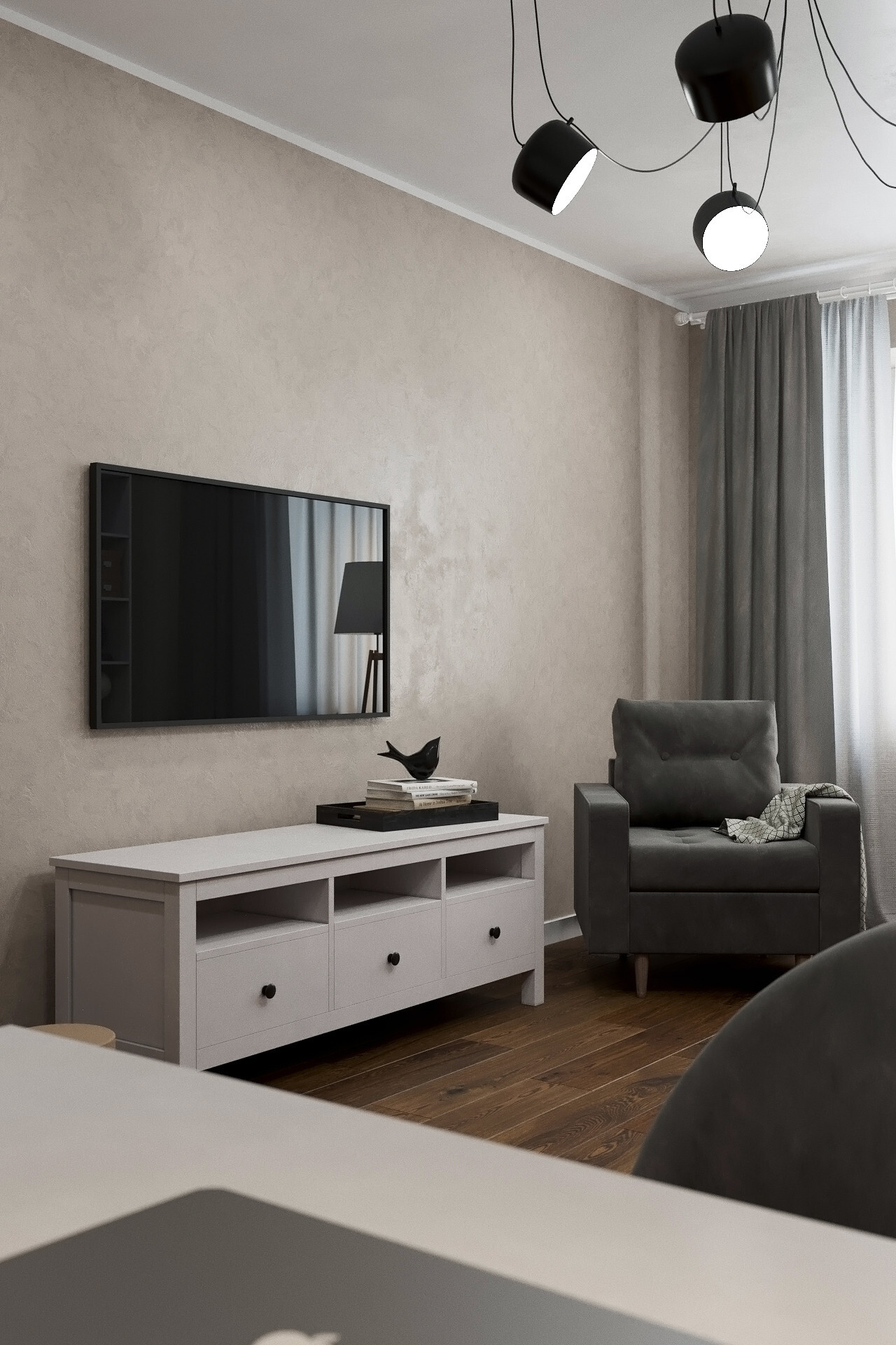 Интерьер гостиной cветовыми линиями, керамогранитом на стену с телевизором, подсветкой настенной и подсветкой светодиодной в скандинавском стиле