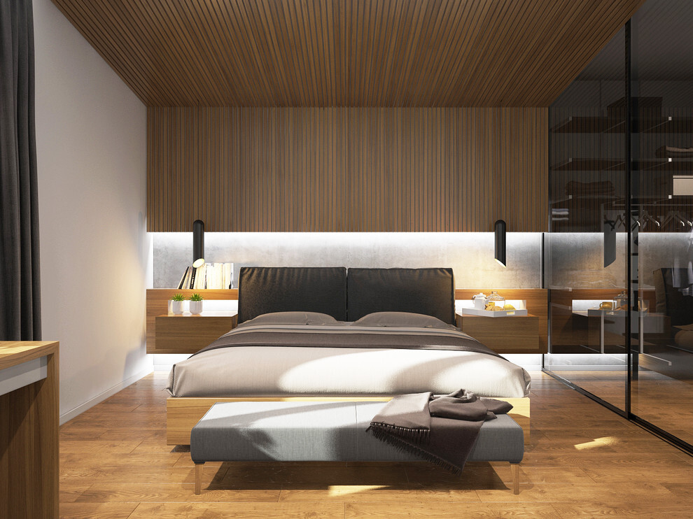 Интерьер спальни с рейками с подсветкой, подсветкой настенной и светильниками над кроватью в современном стиле и в стиле лофт