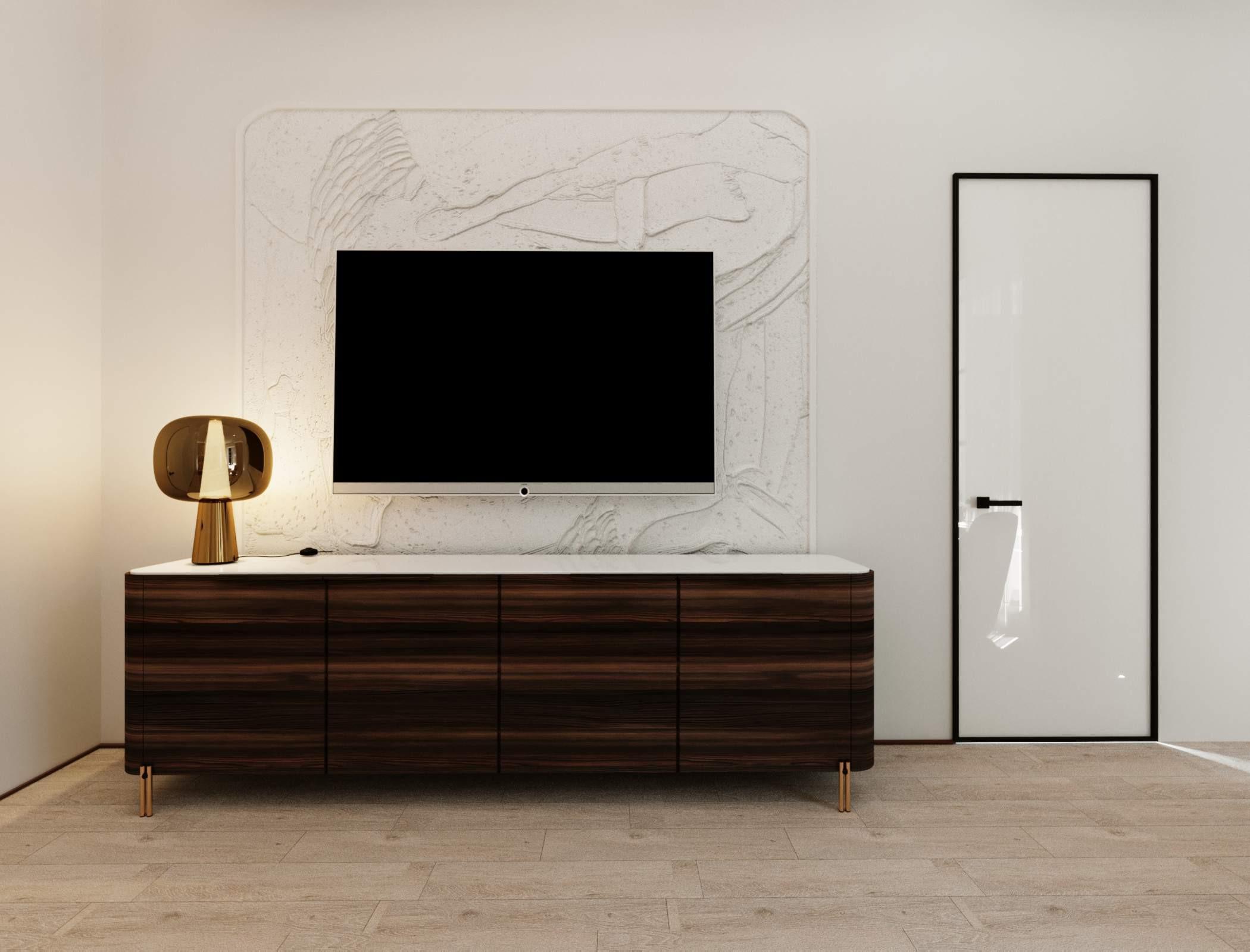 Интерьер с панно за телевизором и керамогранитом на стену с телевизором в современном стиле