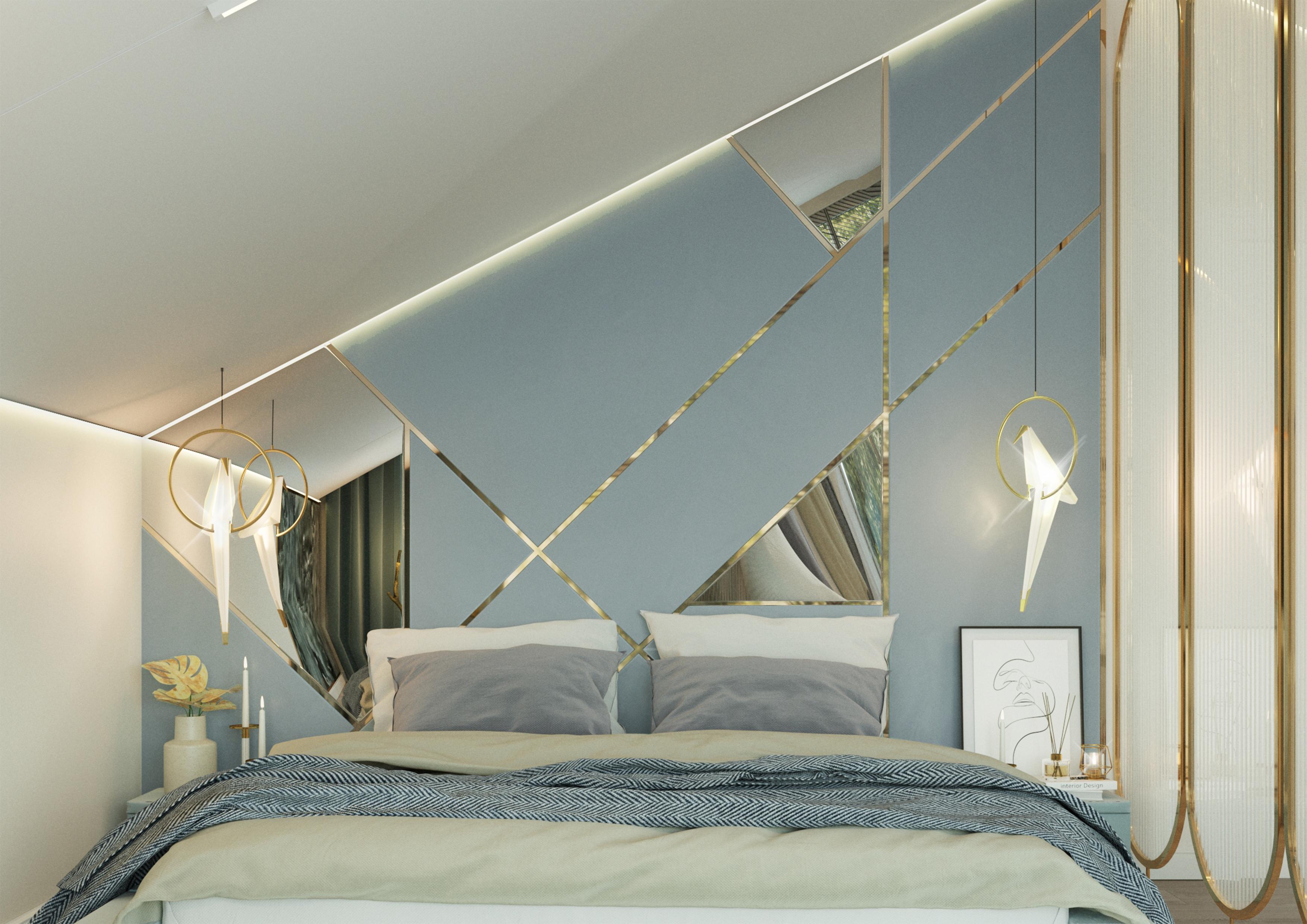 Интерьер спальни cветовыми линиями, подсветкой настенной, подсветкой светодиодной, светильниками над кроватью и с подсветкой