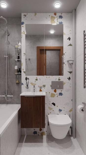 Интерьер ванной с душевой из плитки и совмещенным санузлом в стиле фьюжн
