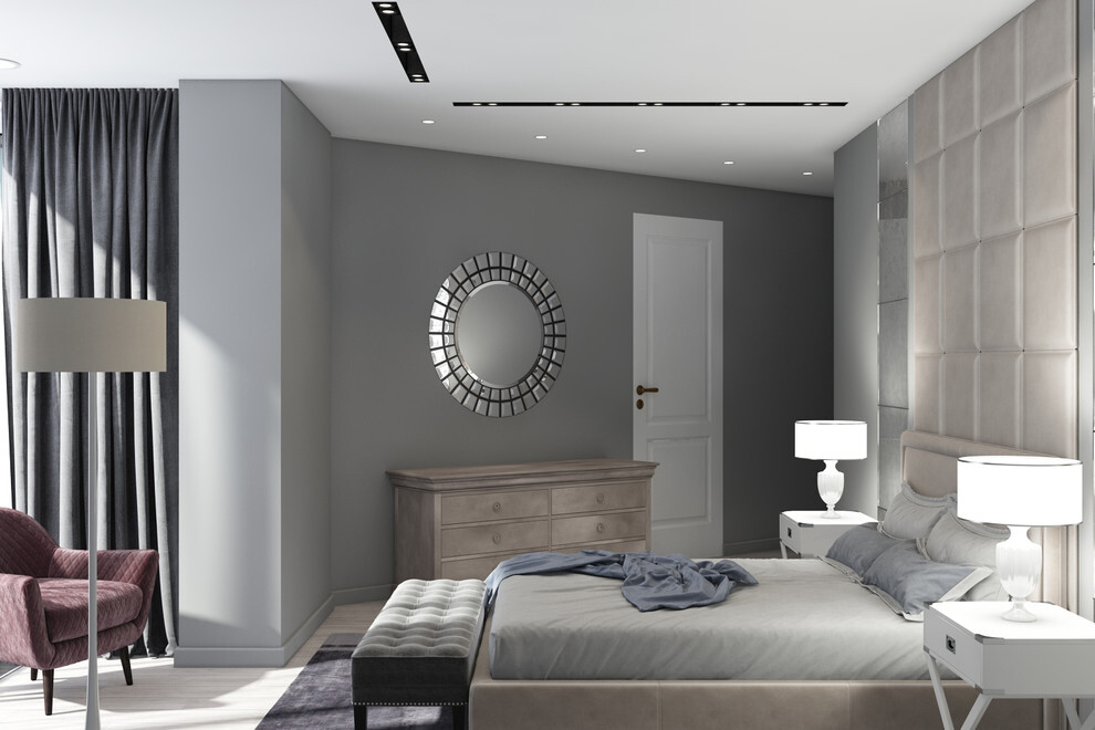 Интерьер спальни cветовыми линиями и рейками с подсветкой в современном стиле