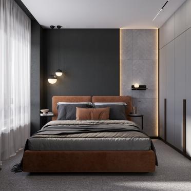 Интерьер спальни с бра над кроватью и светильниками над кроватью в стиле лофт