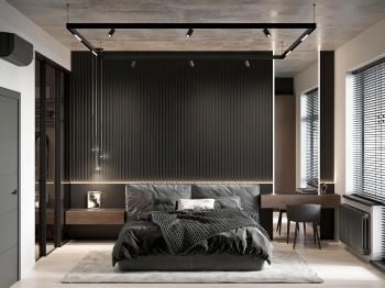 Интерьер спальни cветовыми линиями и светильниками над кроватью в стиле лофт