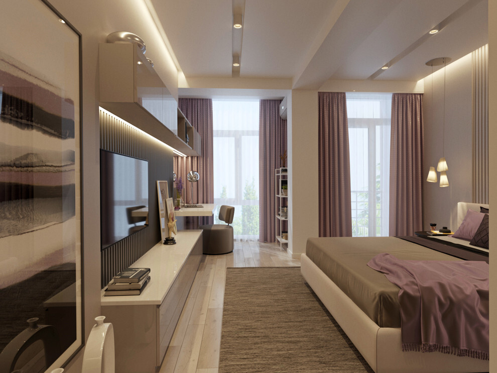 Интерьер спальни с зонированием шторами, подсветкой настенной, подсветкой светодиодной и с подсветкой в современном стиле