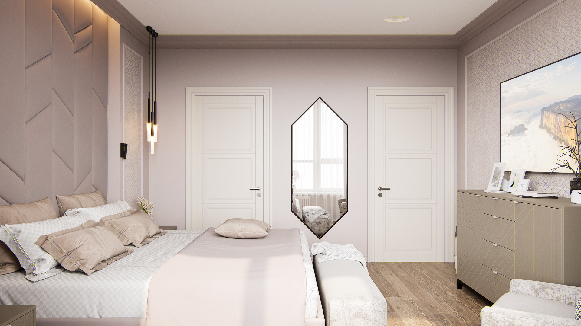 Интерьер спальни с зеркалом в нише, аркой, зеркалом над диваном и зеркалом на двери в современном стиле