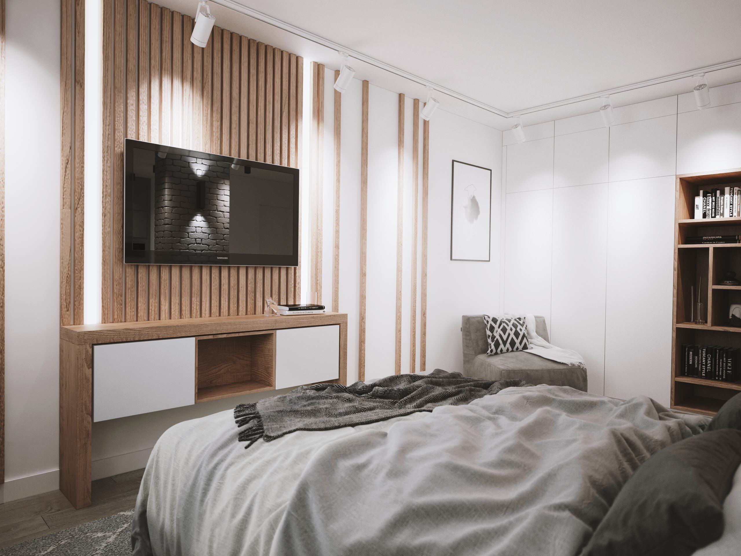 Интерьер спальни с телевизором на рейках в современном стиле