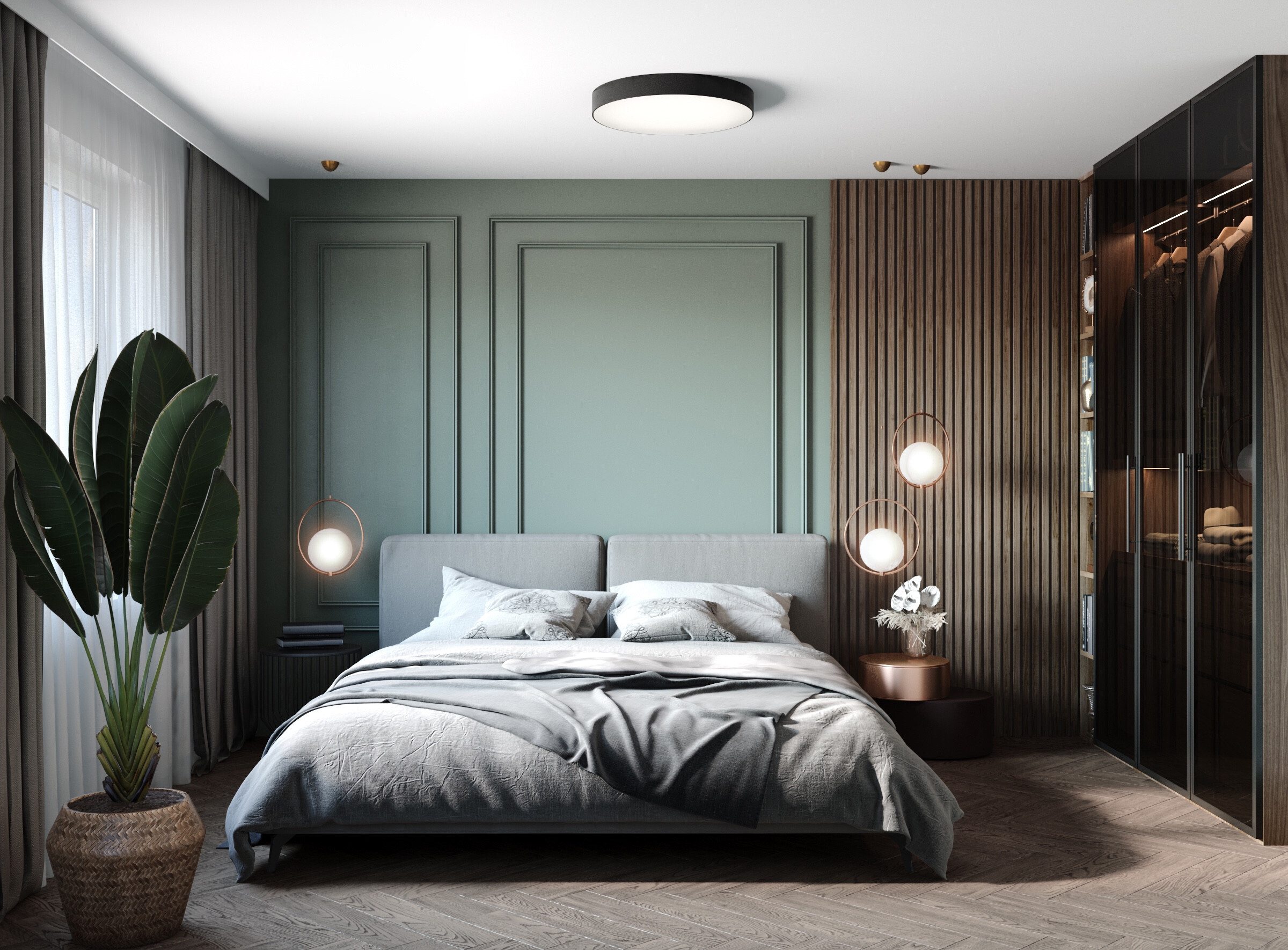 Интерьер спальни cветовыми линиями, подсветкой светодиодной и светильниками над кроватью в современном стиле