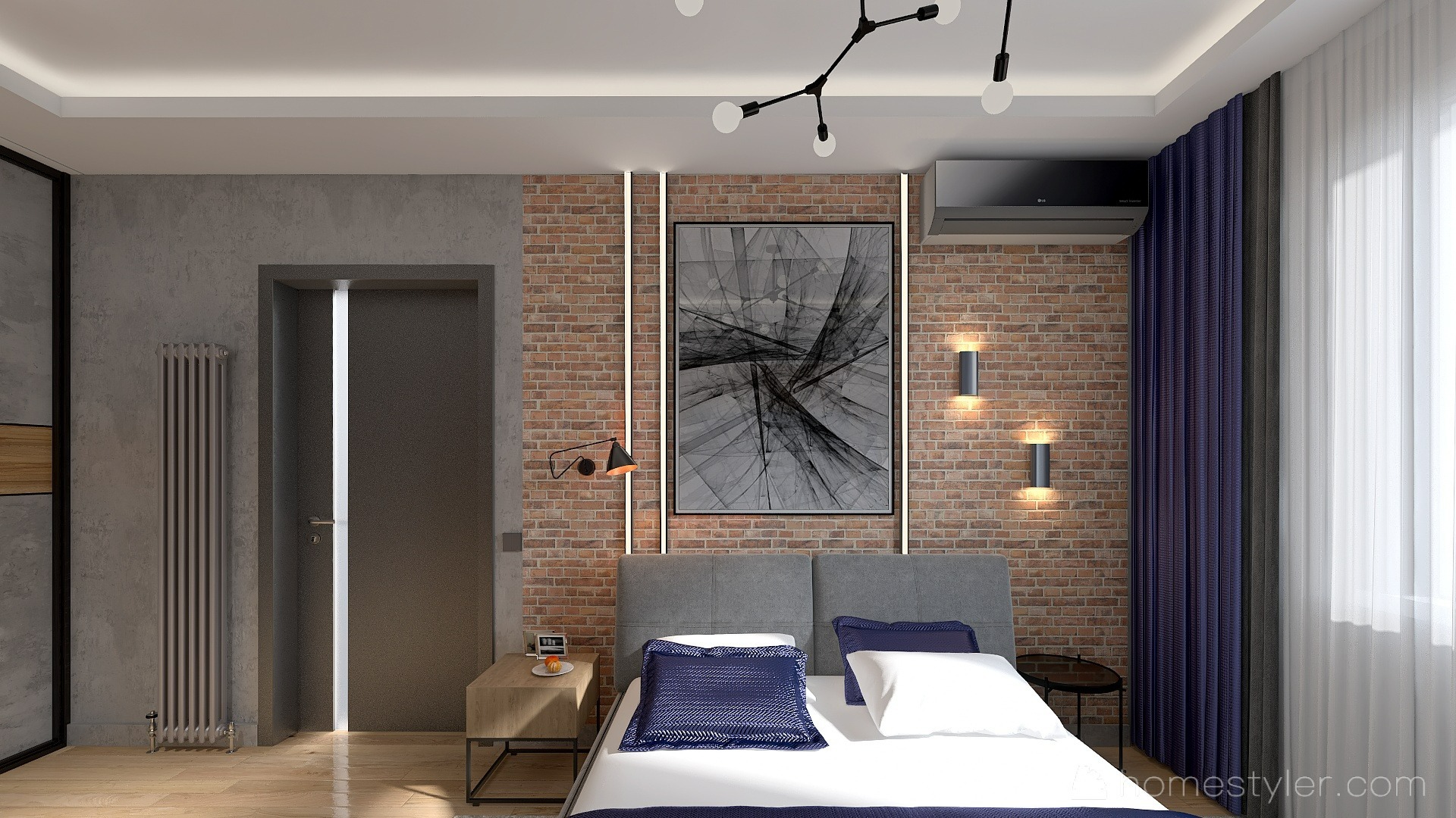 Интерьер спальни с подсветкой настенной, подсветкой светодиодной, светильниками над кроватью и с подсветкой в стиле лофт