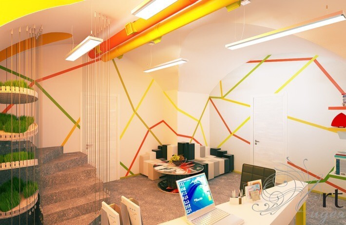 Интерьер офиса c рабочим местом, световыми линиями и ресепшном в модернизме