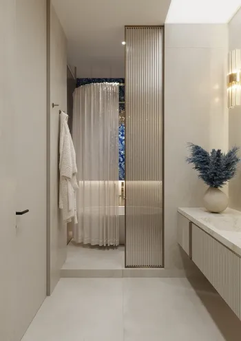 Интерьер ванной с зеркалом на двери  смотреть на Basicdecor