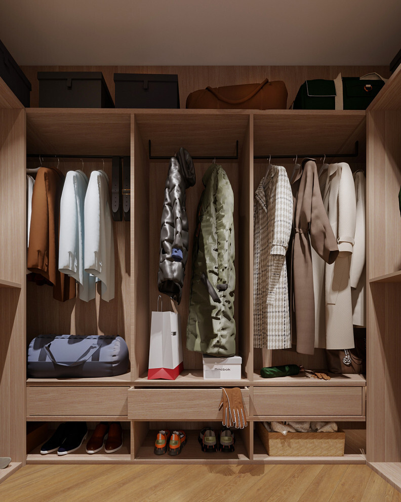 Интерьер гардеробной с гардеробной, кладовкой, гардеробной зой кроватью и хранением верхней одежды в современном стиле