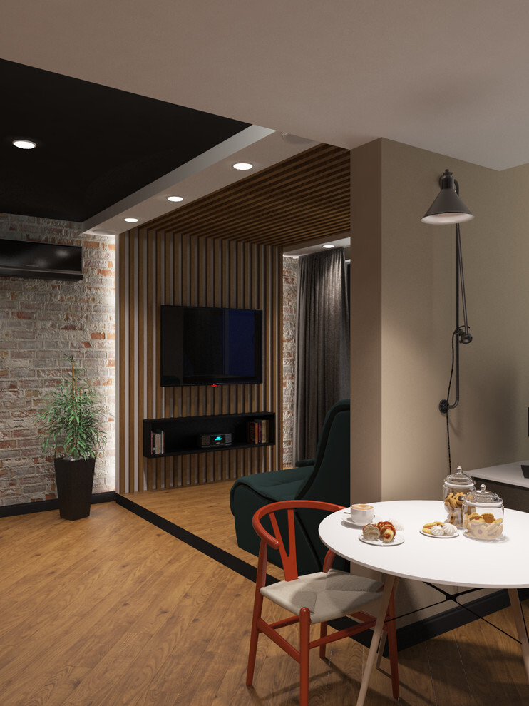 Интерьер гостиной с рейками с подсветкой, подсветкой настенной, подсветкой светодиодной и с подсветкой в современном стиле