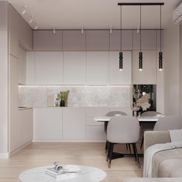 Интерьер кухни cветильниками над столом и с подсветкой  смотреть на Basicdecor