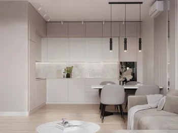 Интерьер кухни cветильниками над столом и с подсветкой  смотреть на Basicdecor