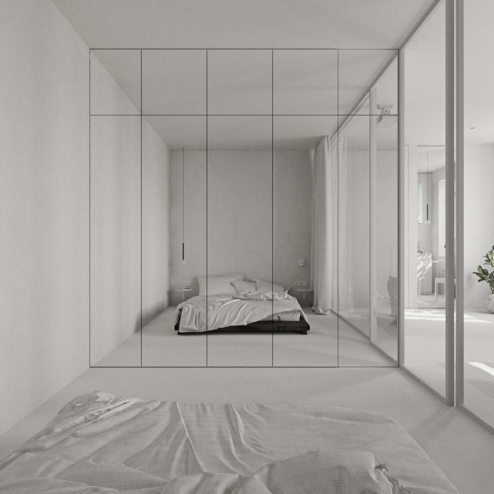 Интерьер спальни с зеркалом на двери и шкафом у кровати в стиле лофт, минимализме и эко
