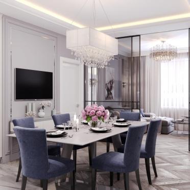 Интерьер гостиной c обеденной зоной и светильниками над столом  смотреть на Basicdecor