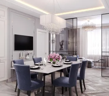 Интерьер гостиной c обеденной зоной и светильниками над столом  смотреть на Basicdecor