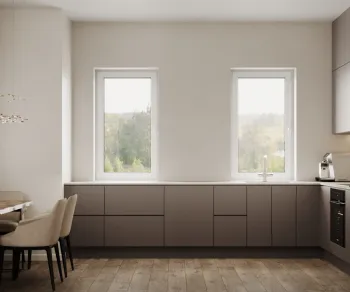 Интерьер кухни с двой окна и окном  смотреть на Basicdecor