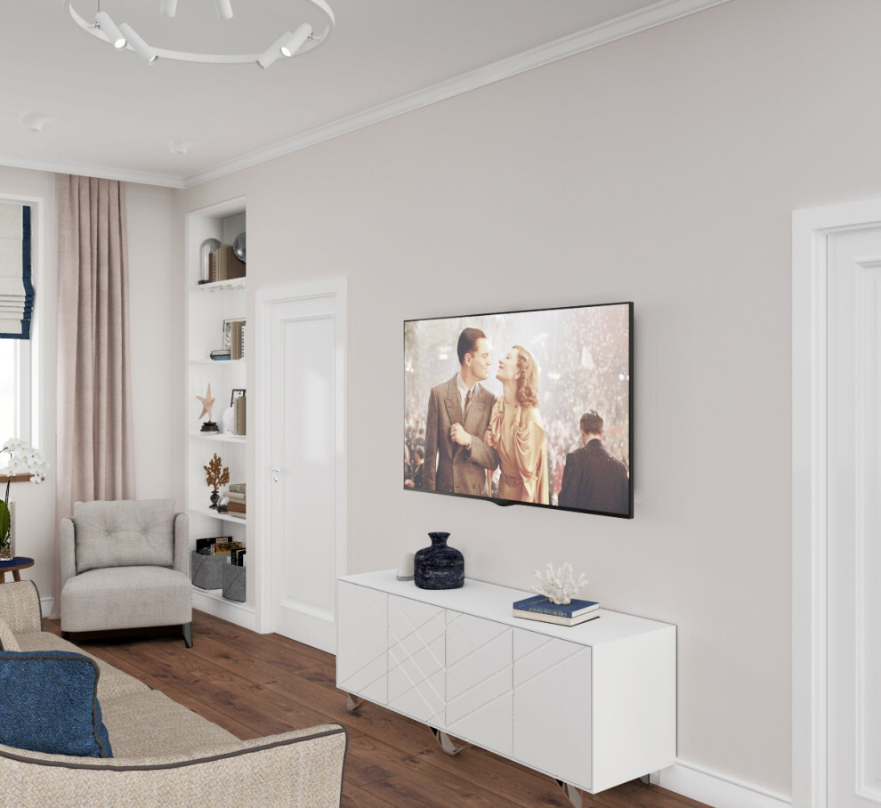 Интерьер гостиной с панно за телевизором, стеной с телевизором, телевизором на стене, керамогранитом на стену с телевизором и подсветкой настенной