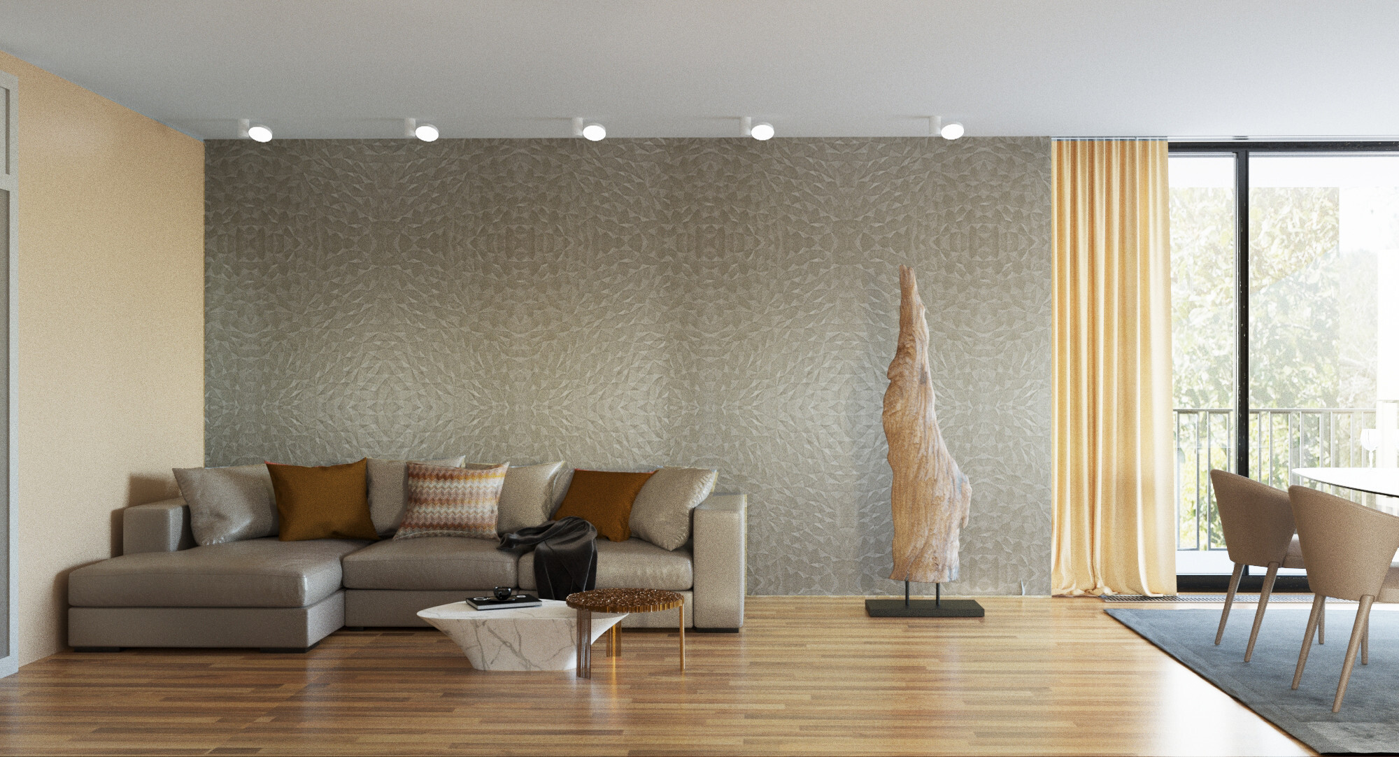 Интерьер гостиной с рейками с подсветкой, подсветкой настенной и подсветкой светодиодной в современном стиле